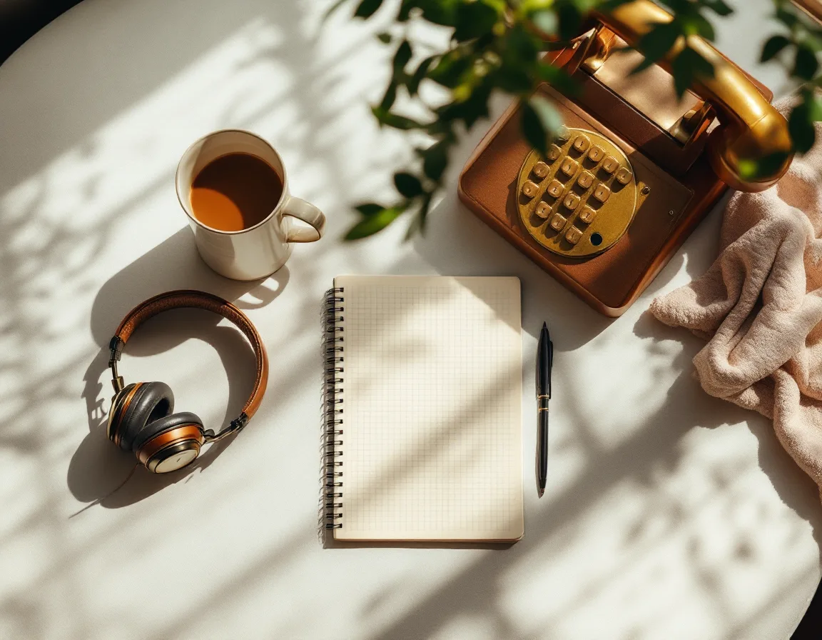 A studio desk corner with a notebook, desk phone, headphones, and a warm mug of coffee