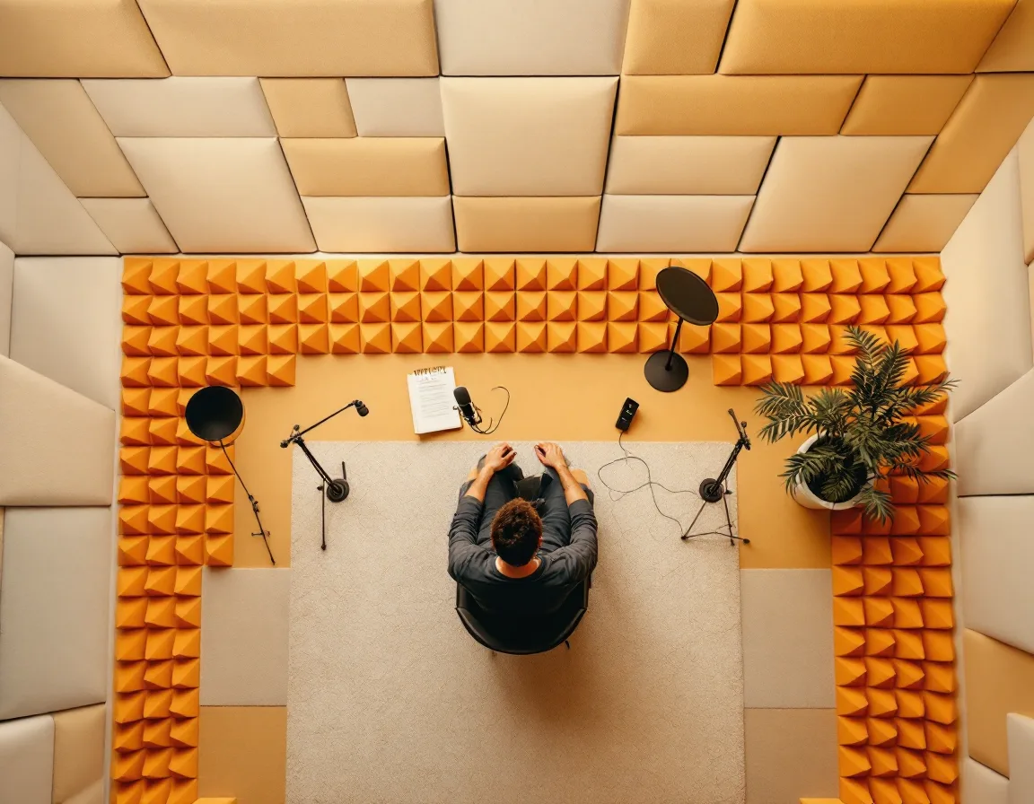 Top-down view of a padded vocal booth and microphone