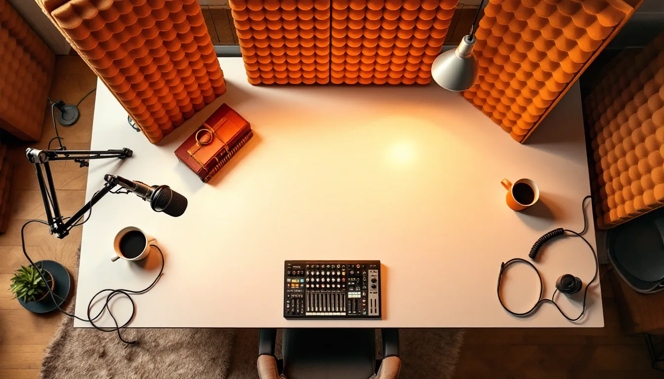 Top-down view of a podcast studio desk with microphone, console, and headphones